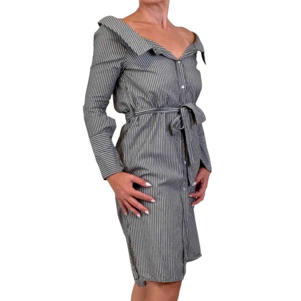 Renn // Gray & White Striped Off Shoulder Shirt Dress, Size S